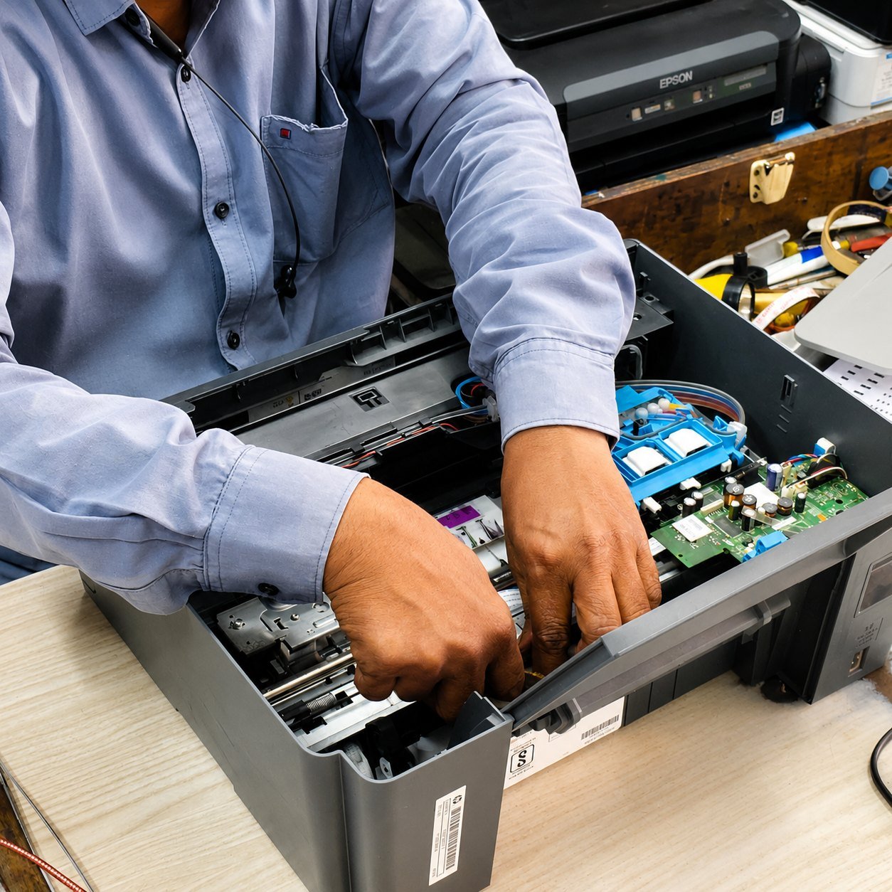 Printer consumables and components prepared at the SS Printer Services counter